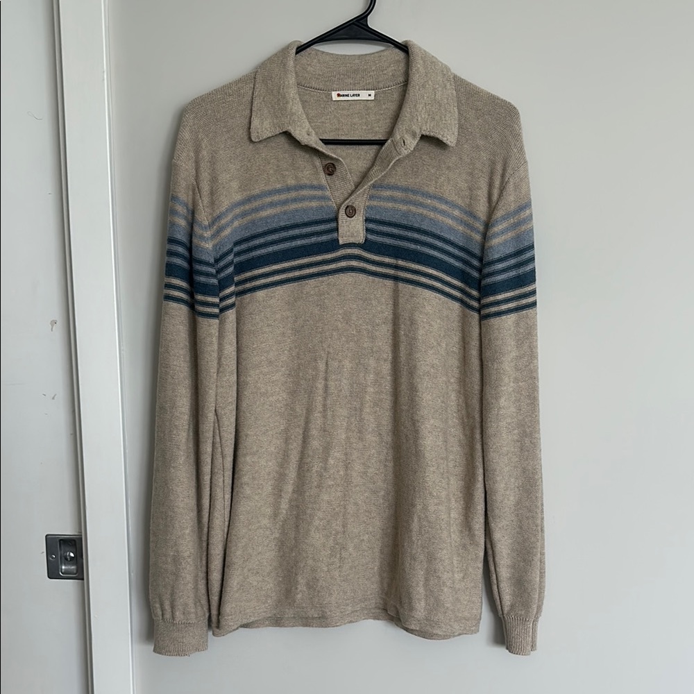 Marine Layer Tan and Blue Striped Polo Sweater